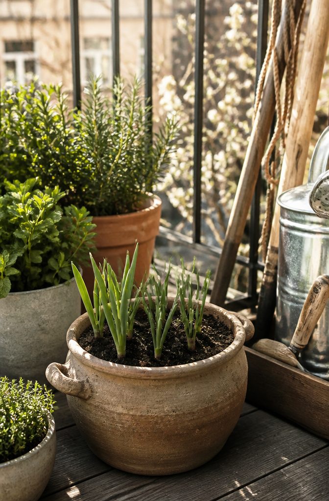 Container with garlic shoots growing above moist potting soil.