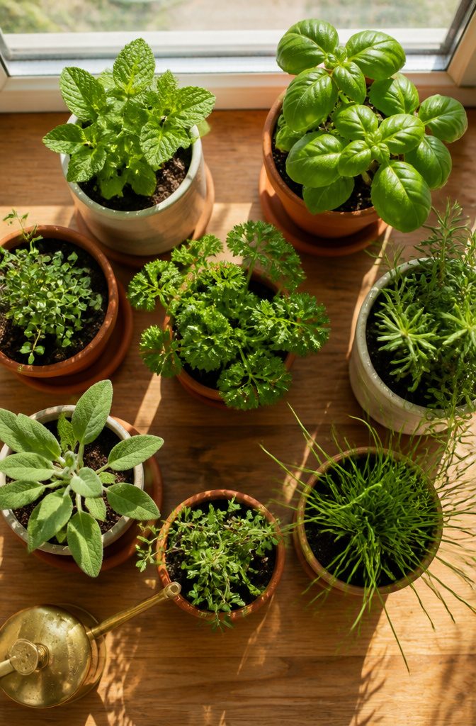 Containers with various herbs growing on a windowsill.