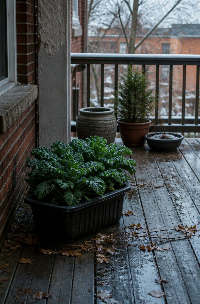 Container with lush green kale leaves in a nursery tray.