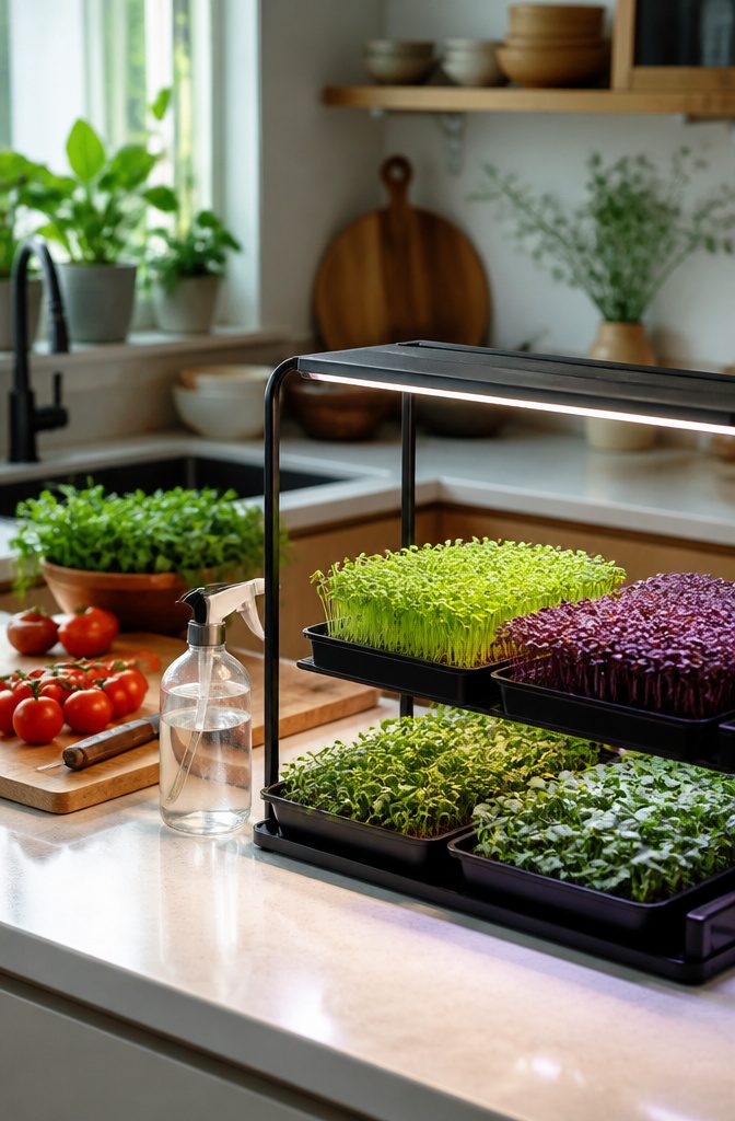 Containers with microgreens growing under bright LED lights.