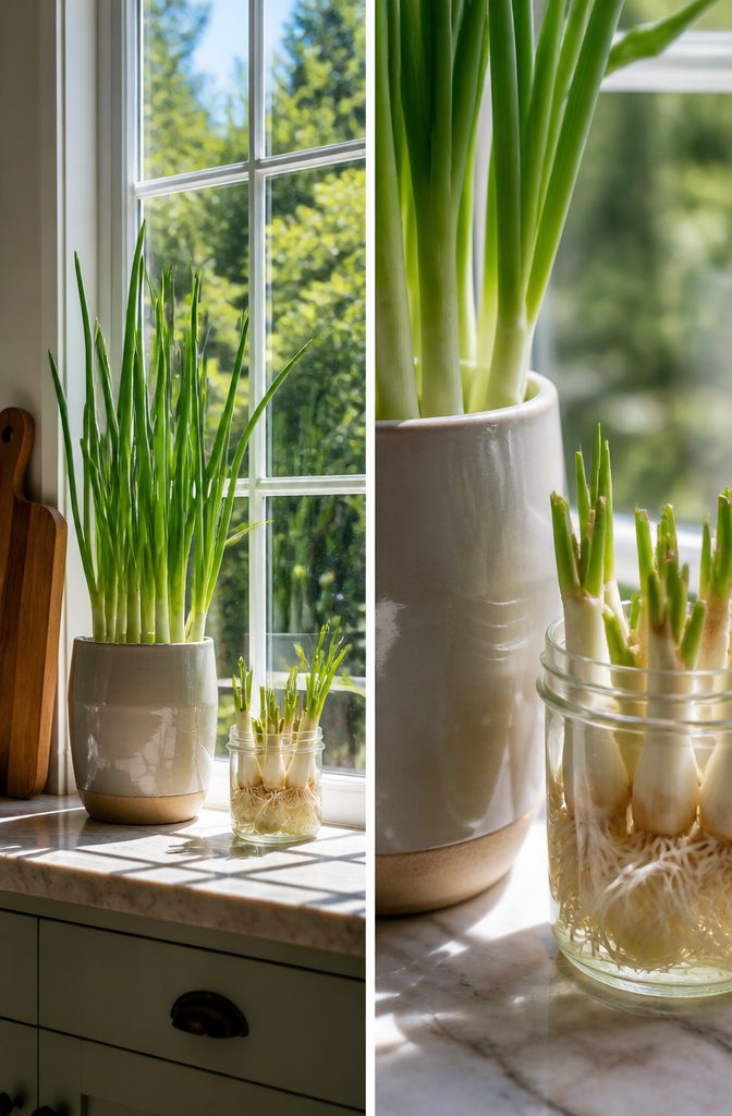 Containers with green onions and bulb onions in soil.