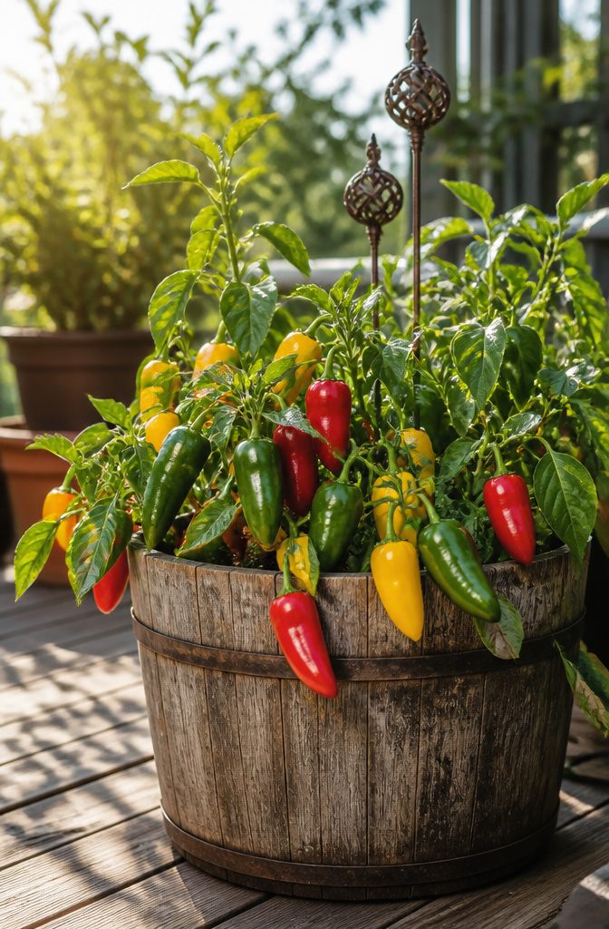 Container with healthy pepper plants requiring warm conditions.