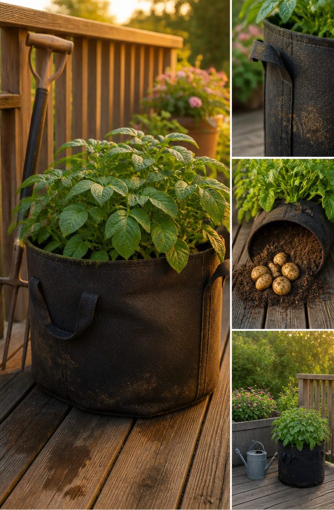 Container with potato plants needing deep soil and hilling.
