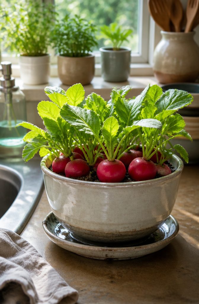 Container of red radishes with visible roots on a kitchen counter.