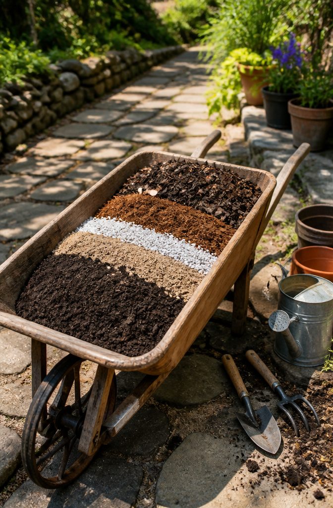 Wooden wheelbarrow filled with potting mix ingredients.