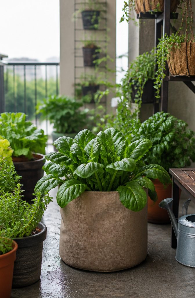 Container with spinach leaves in a fabric grow bag.