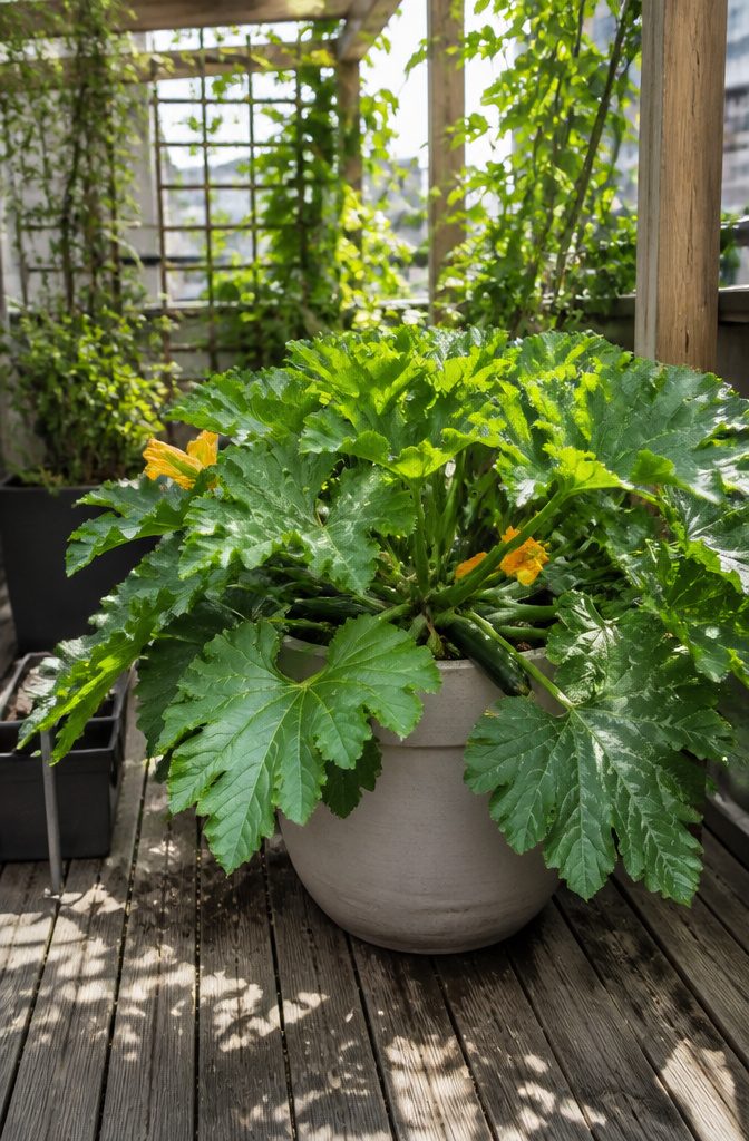 Container with bush squash plant and yellow blossoms.