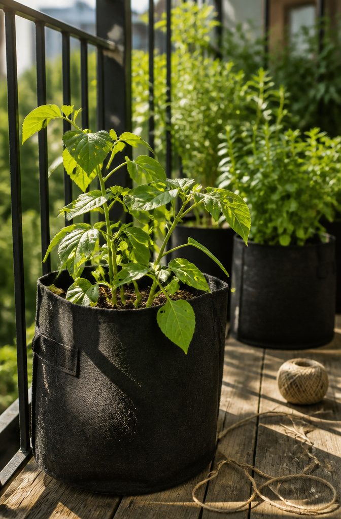 Container with sweet potato slips growing in rich soil.