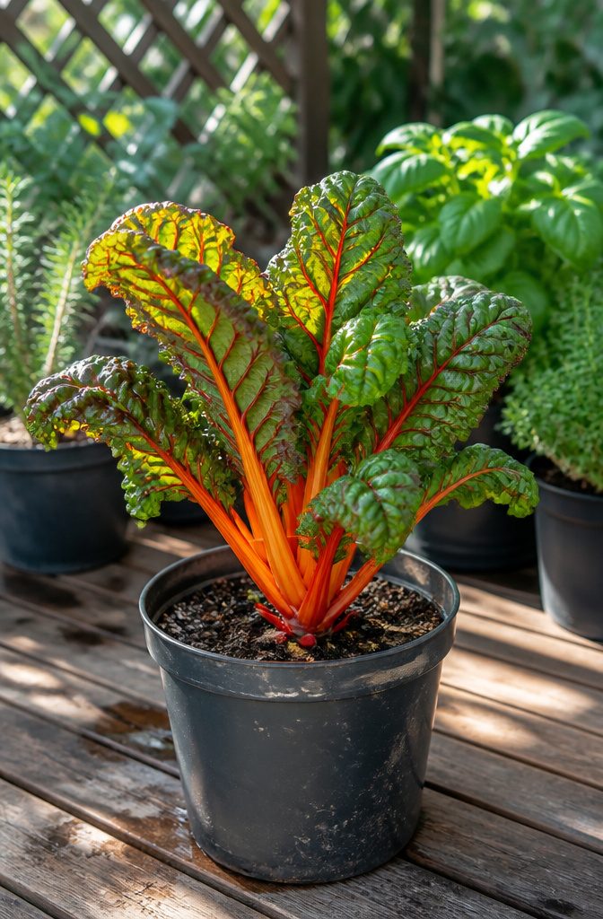 Container with Swiss chard featuring bright stalks on a balcony railing.