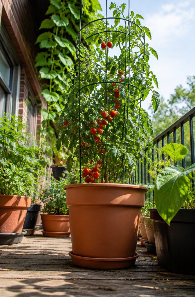 Container with tomato plants needing deep soil for roots.