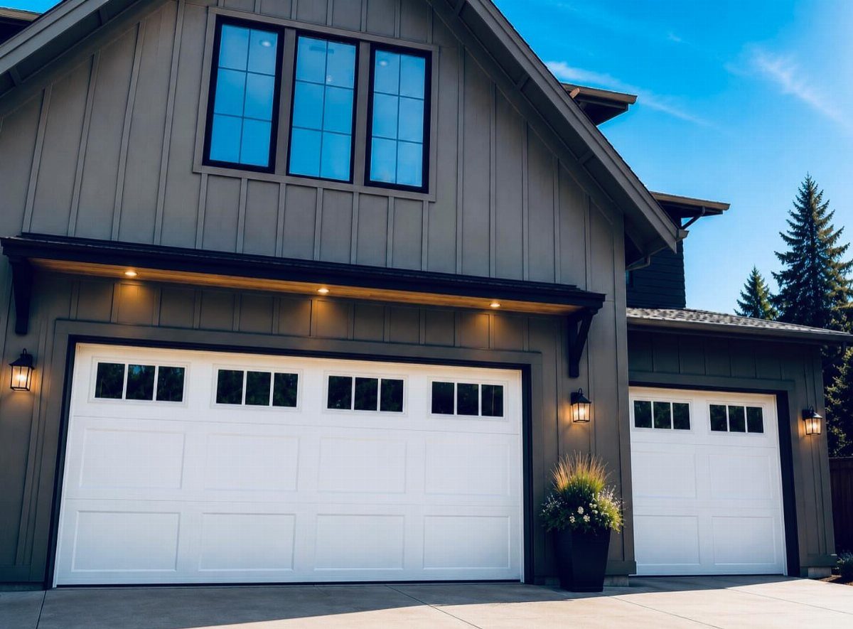 White garage doors with small window panes on a grey house under a wooden overhang.
