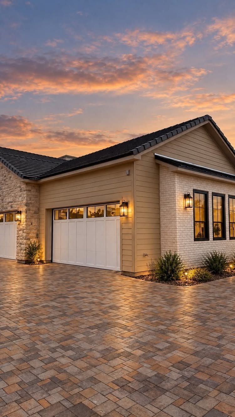 White garage door with windows on a house featuring white brick accents and tan siding at sunset.