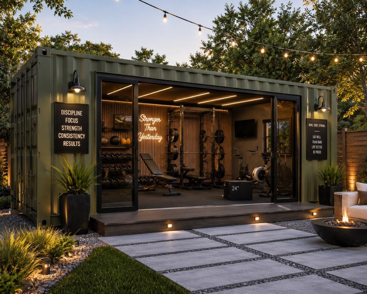 A converted green shipping container serving as a modern backyard gym with glass doors and interior equipment.