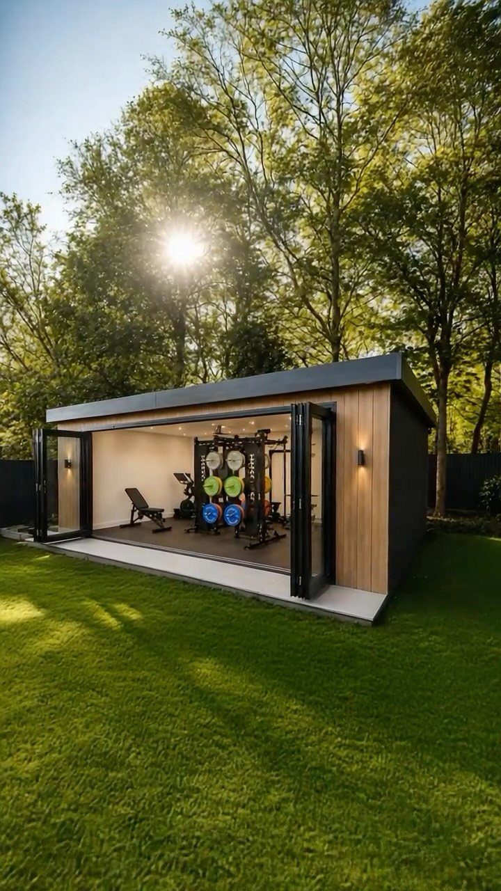 A modern wooden garden shed converted into a home gym with glass doors and equipment.
